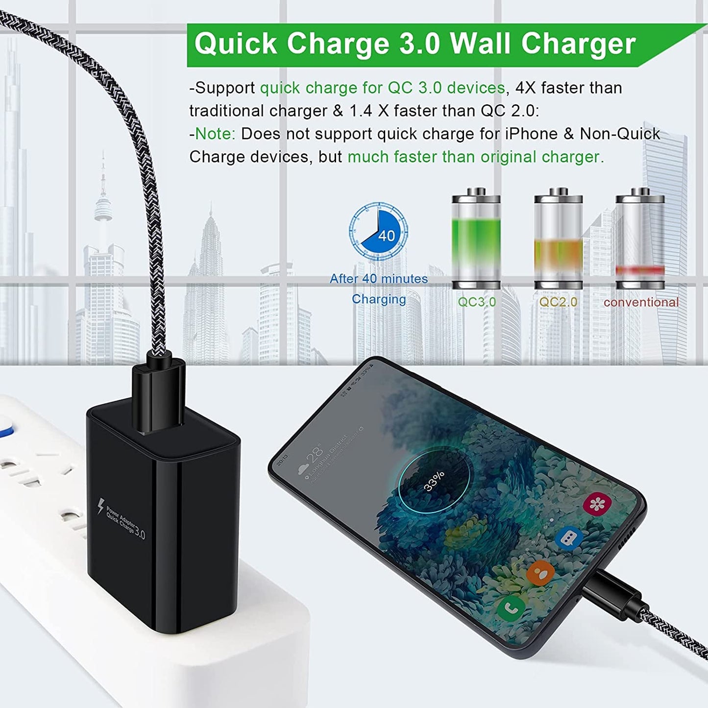 Type C Charger Fast Charger for Samsung Galaxy S25 S24 S23 S22 S21 Z Flip7 Z Fold7 A17 A56 A36 A26 A16 A55 A35 A25 A15 A54 A14 A53 A13,Quick Charge 3.0 Car Charger Wall Adapter +3FT 6FT USB C Cable