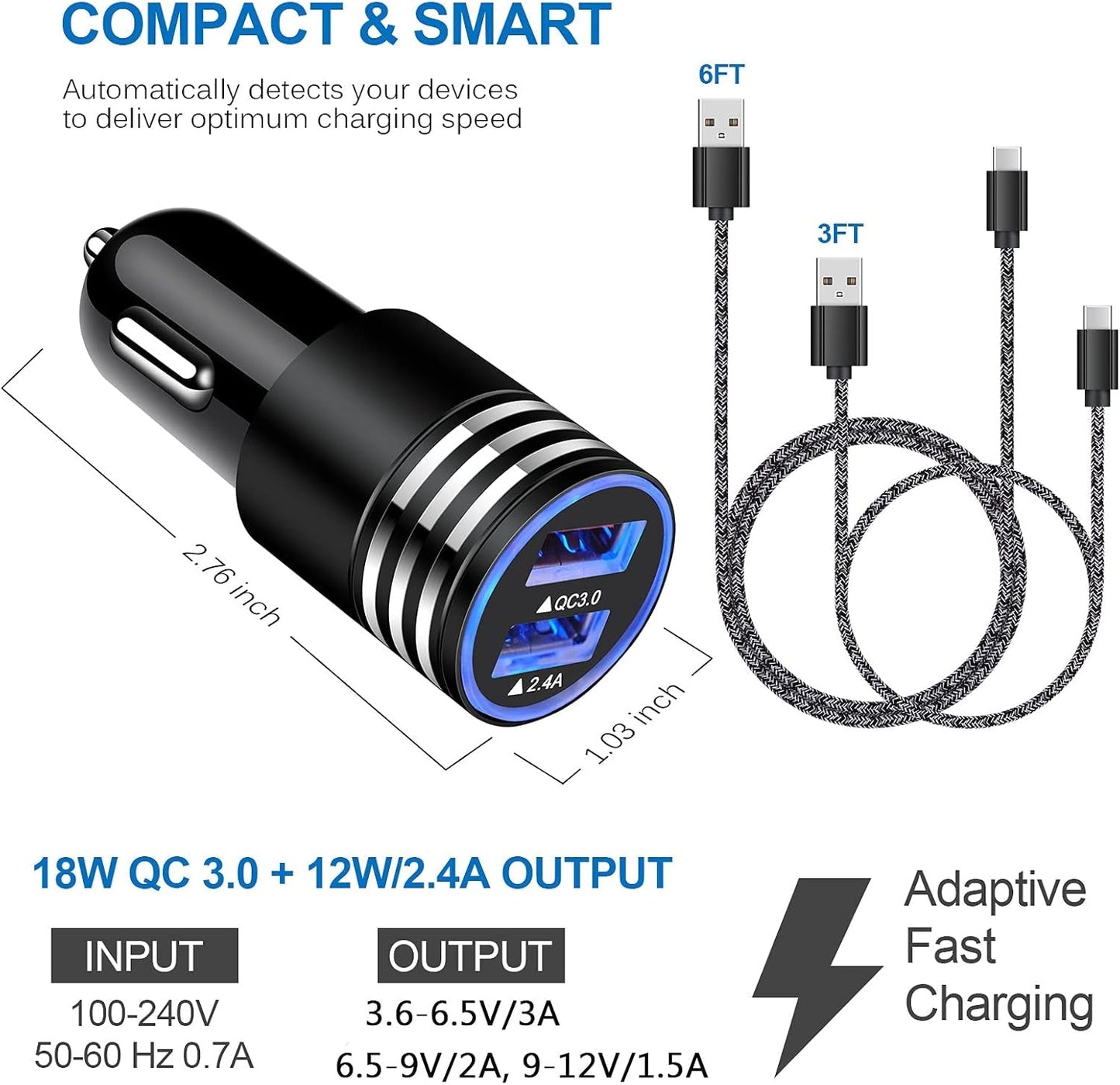 Type C Charger Fast Charger for Samsung Galaxy S25 S24 S23 S22 S21 Z Flip7 Z Fold7 A17 A56 A36 A26 A16 A55 A35 A25 A15 A54 A14 A53 A13,Quick Charge 3.0 Car Charger Wall Adapter +3FT 6FT USB C Cable