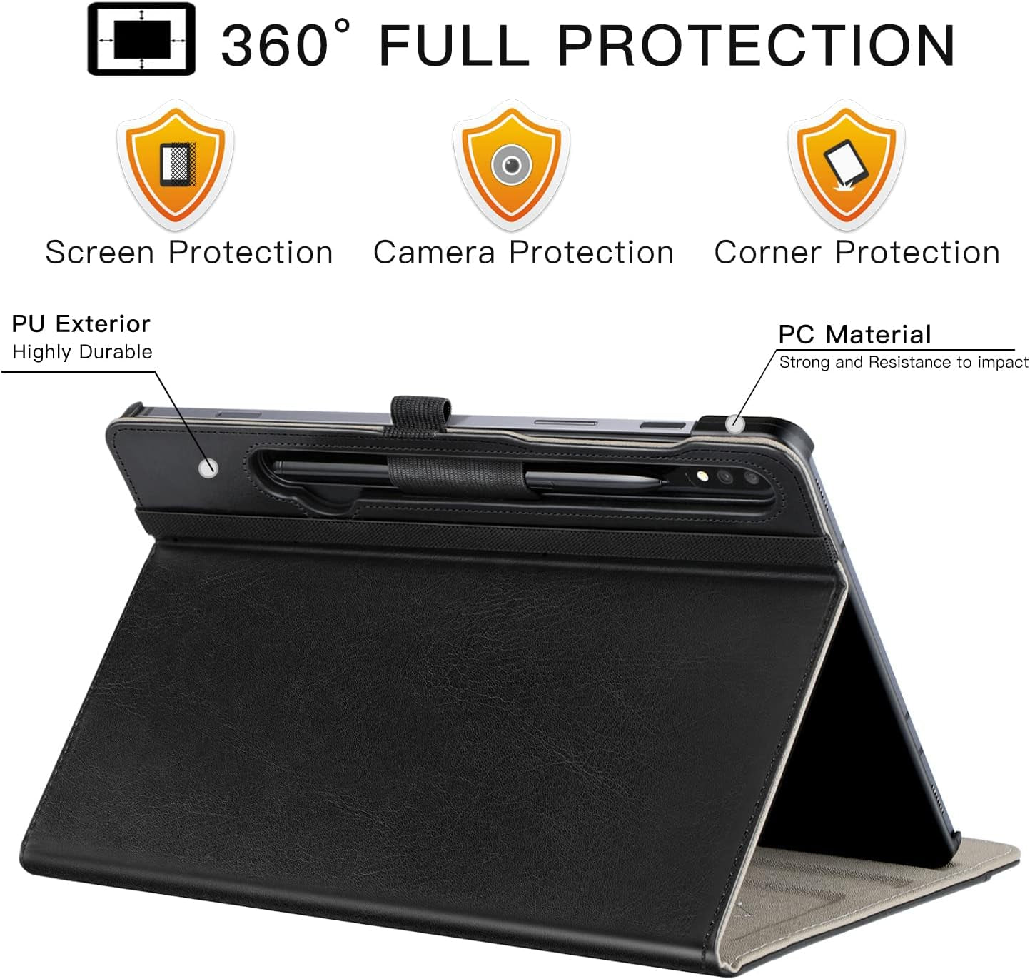 for Galaxy Tab S7 FE 5G/S8 Plus/S7 plus 12.4" Tablet Case, Premium PU Leather Folding Stand Cover with Pen Holder & Multi-Viewing Angles for Samsung Tab S7 FE 2021/S8+ 2022/S7+ 2020, Black