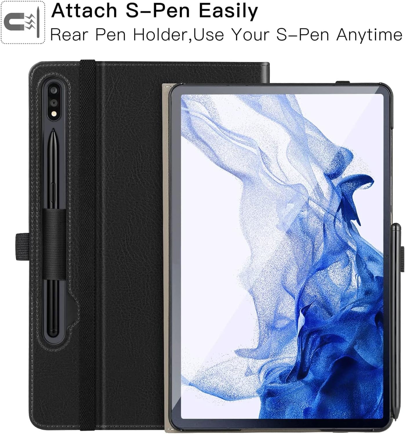for Galaxy Tab S7 FE 5G/S8 Plus/S7 plus 12.4" Tablet Case, Premium PU Leather Folding Stand Cover with Pen Holder & Multi-Viewing Angles for Samsung Tab S7 FE 2021/S8+ 2022/S7+ 2020, Black