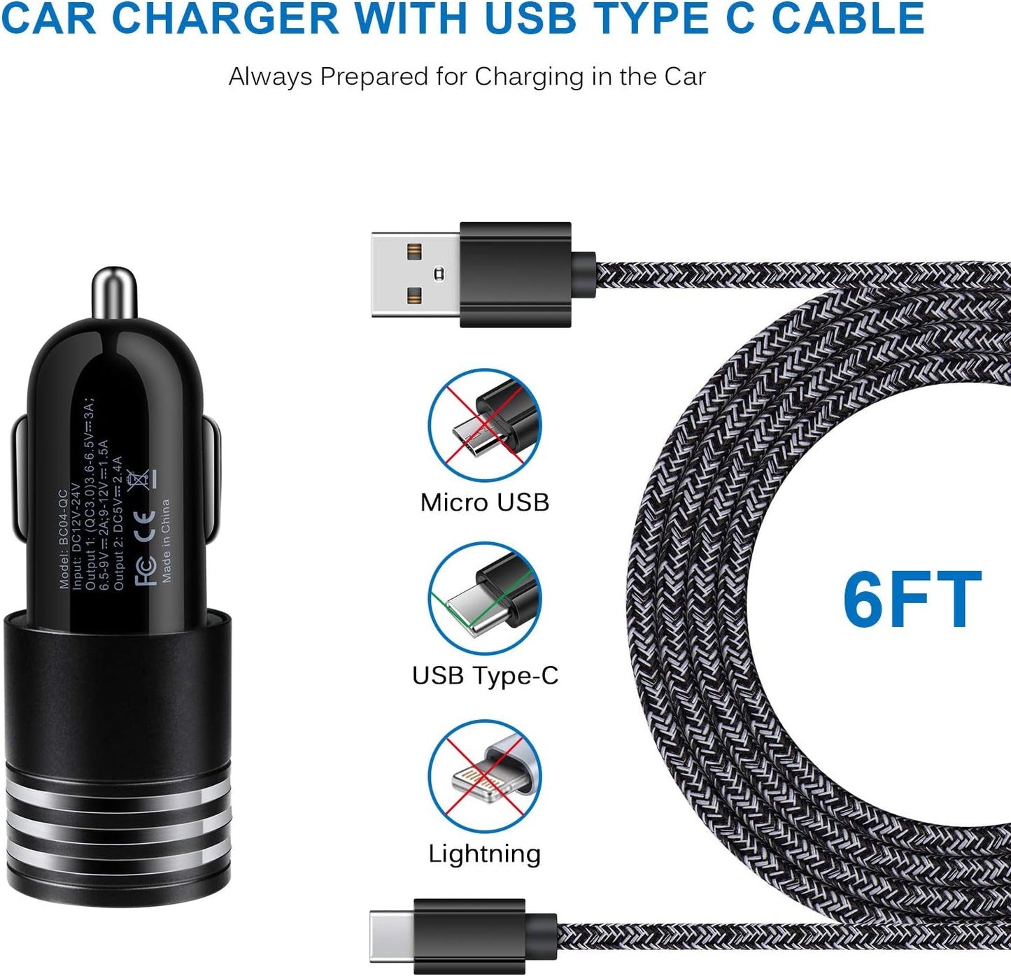 Type C Charger Fast Charger for Samsung Galaxy S25 S24 S23 S22 S21 Z Flip7 Z Fold7 A17 A56 A36 A26 A16 A55 A35 A25 A15 A54 A14 A53 A13,Quick Charge 3.0 Car Charger Wall Adapter +3FT 6FT USB C Cable